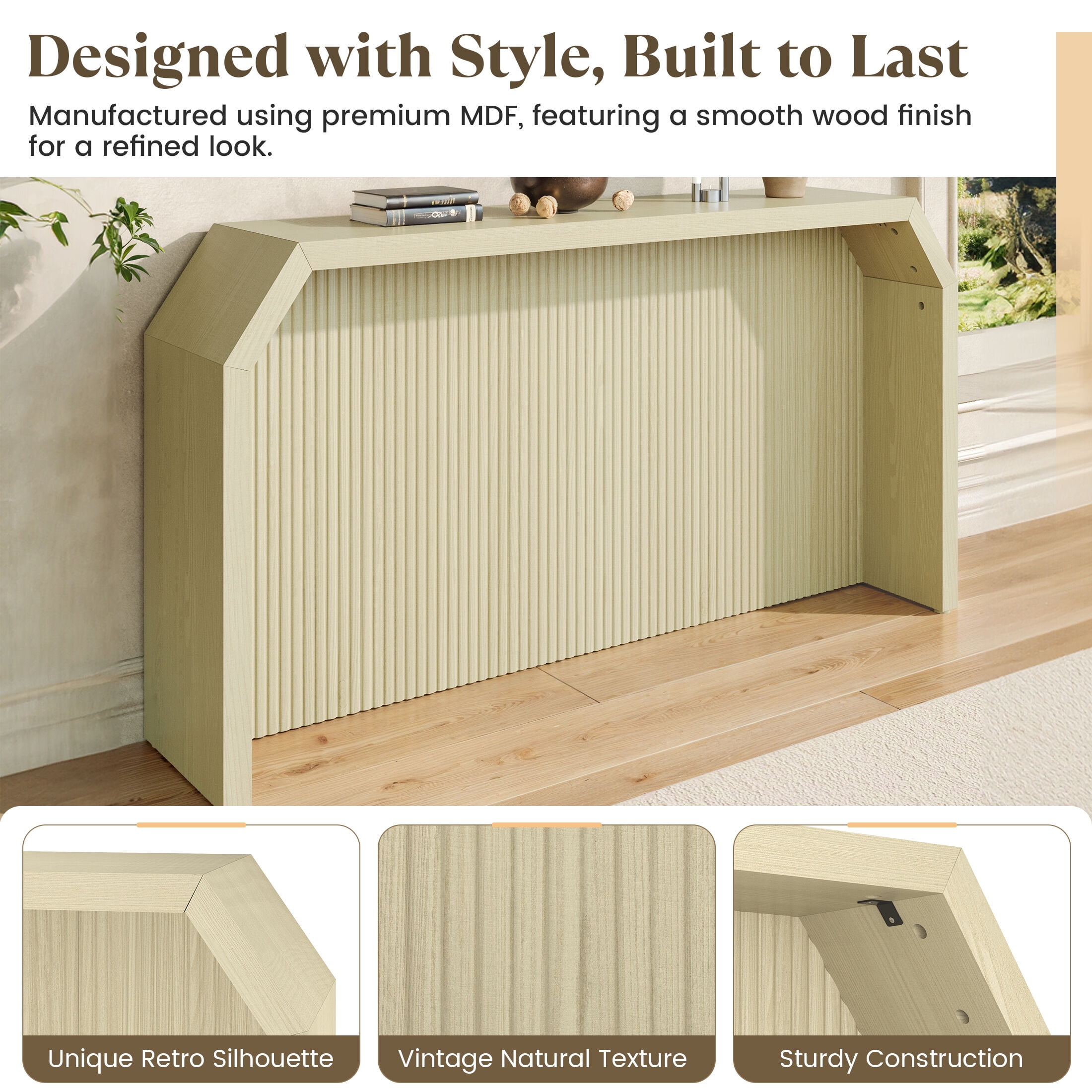 Techmilly 55.9" Fluted Sofa Console Table Behind Couch, Modern Vintage Fluted Entryway Table for Living Room, Hallway,Entry,Light Natural Wood