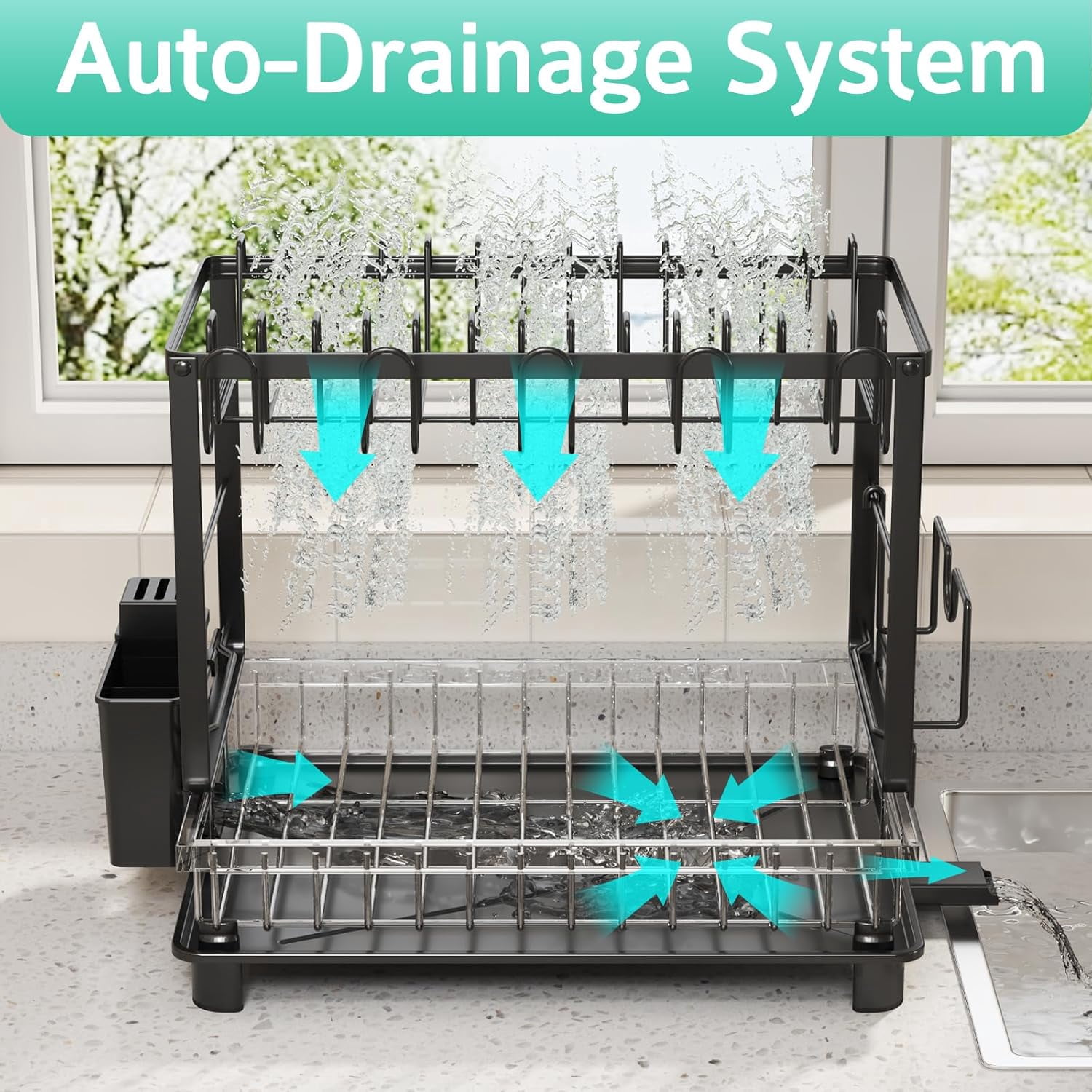Vallary 2-Tier Dish Drying Rack with Drainboard – Rustproof Steel Kitchen Organizer with Utensil & Cup Holder, Cutting Board & Knife Stand – Space-Saving Countertop Dish Drainer (Black)