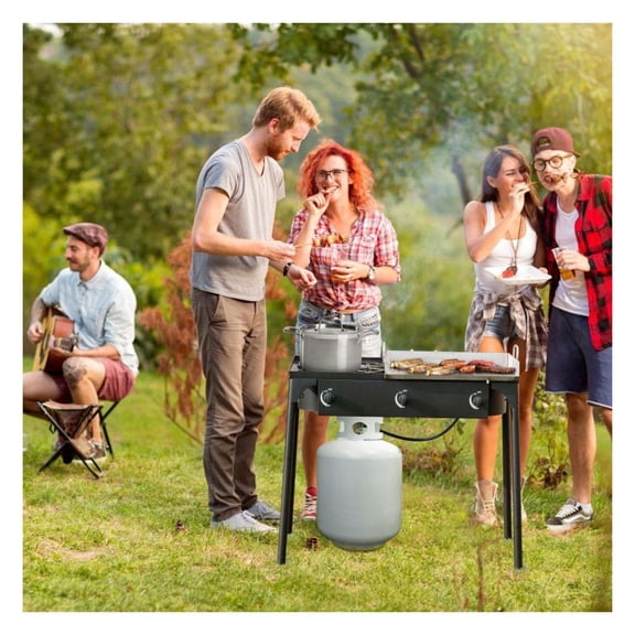225,000 BTU Portable Propane 3 Burner Gas Cooker - Cast Iron Triple Stove - Outdoor Camping & Tailgating Stove - Detachable Legs