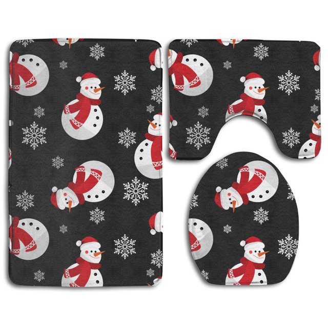 ABPHQTO Lindos muñecos de nieve y copos de nieve Juego de alfombras de baño de 3 piezas Alfombra de baño Alfombra de contorno y tapa de inodoro
