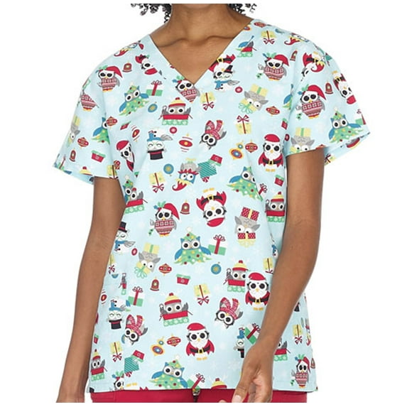 V-Neck Print Scrub Top Christmas Holiday, Light Blue Holiday Owls, XL