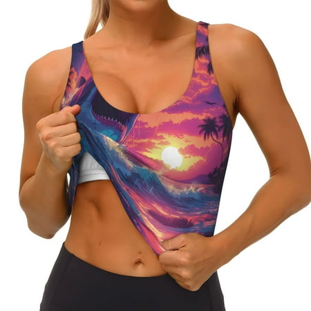 Qokaie Hawaiian Island Beach Shark Pattern Womens Scoop Neck Sports Bra Breathable Workout Vest Padded U Back Medium Impact Fitness Gym Yoga Bra Workout Crop Top