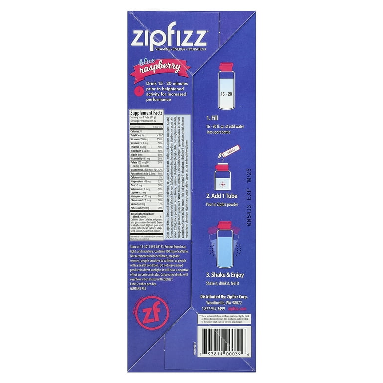 Zipfizz Energy Drink Mix, Blueberry Raspberry, 20 Count, Vitamins