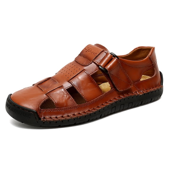 Men's Hook Loop Closed Toe Fisherman Sandals,Fashion Hand Stitching Leather Outdoor Hiking Waterproof Athletic Sandals Summer Beach Shoes, 48