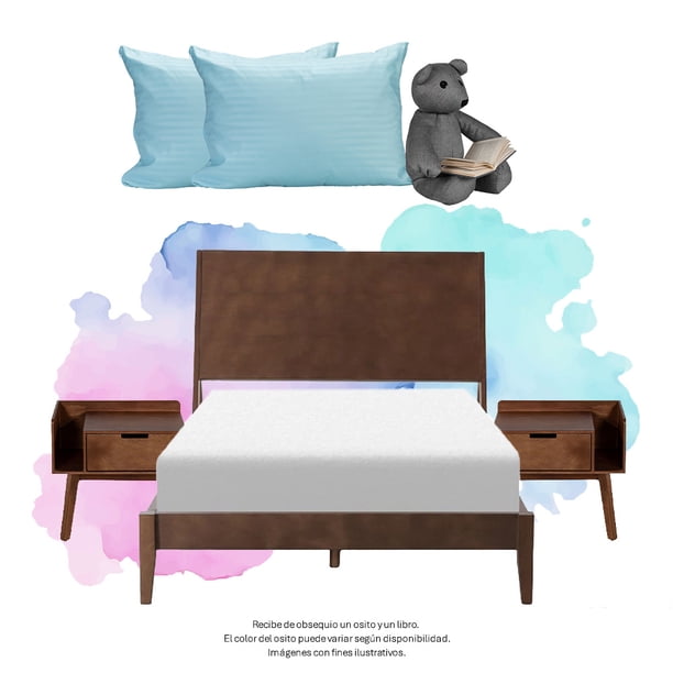 Recámara King Size Nogal con Cabecera + Base Cama + 2 Buros + 2 Almohadas Trinity + Osito + Libro