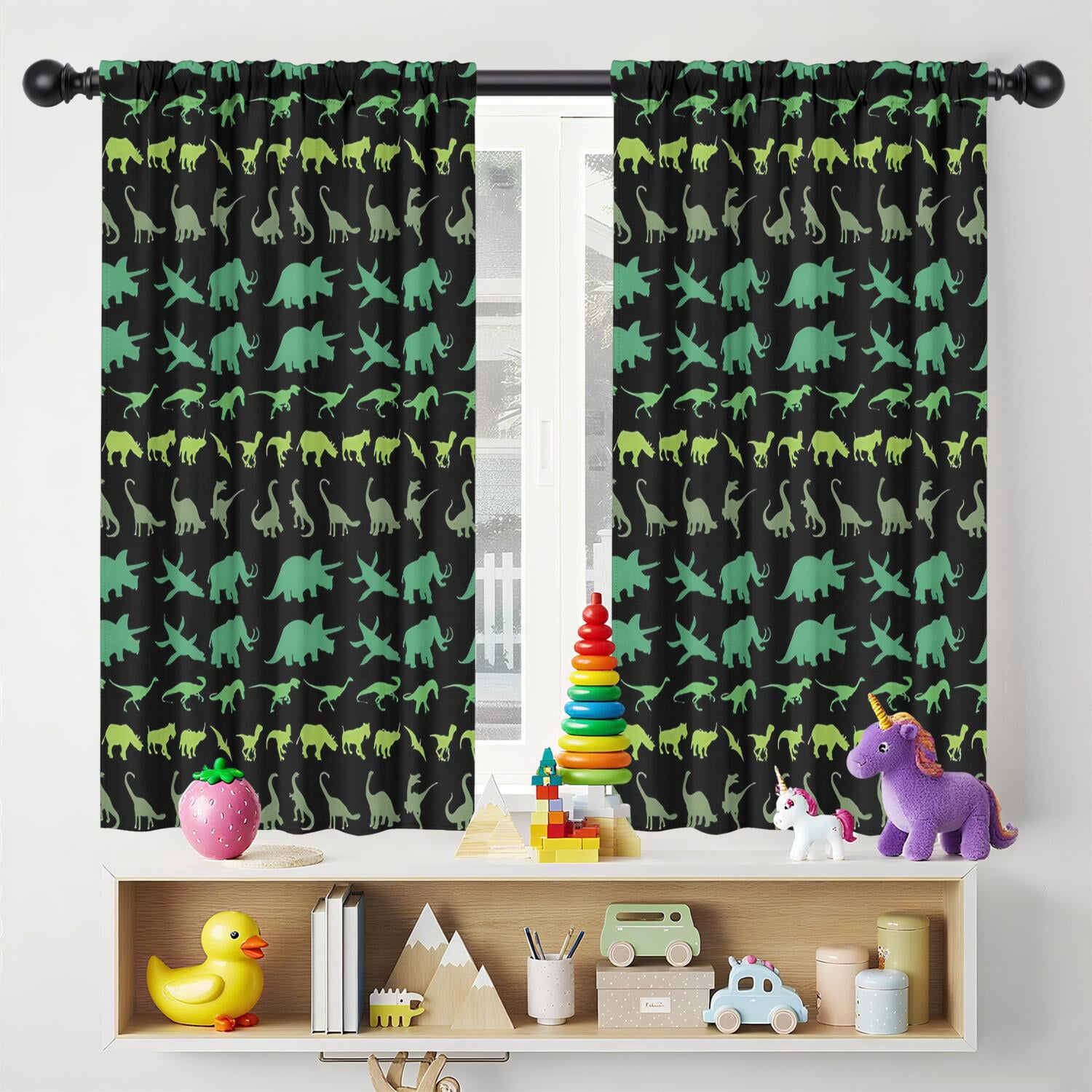 Blackout Kids Curtains,Green Dinosaurs MultiShapes Pattern Childrens Insulated Curtains Set Of 2,Bedroom Essentials,Toddler Room Decor 42"x54"