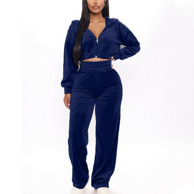 BYOIMUD Women's Trendy Velour Tracksuit Two Piece Savings Solid Color Long  Sleeve Zip Up Cropped Hoodies with Pockets High Waist Wide Leg Pants Plus