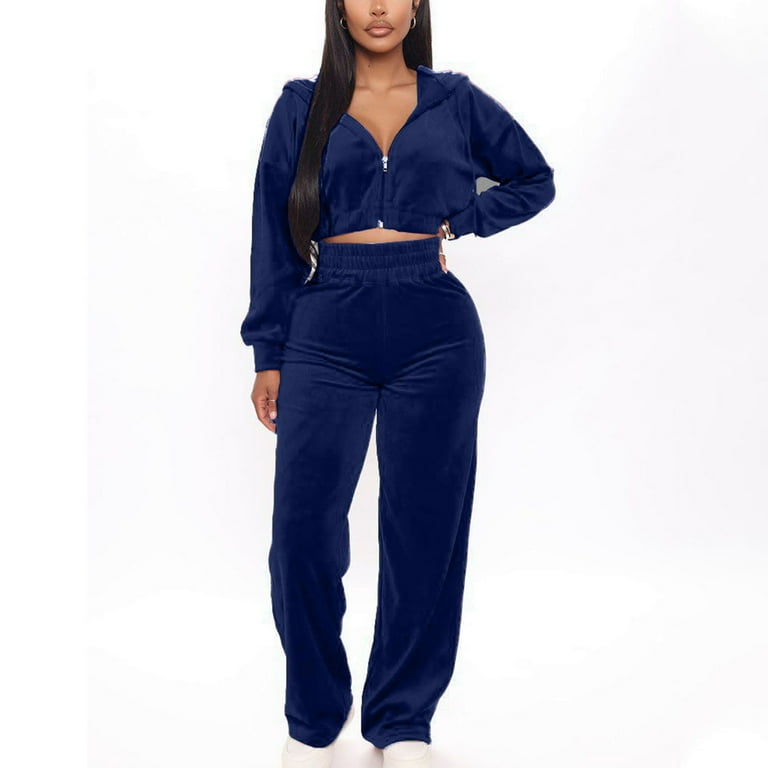 BYOIMUD Women's Trendy Velour Tracksuit Two Piece Savings Solid Color Long Sleeve Zip Up Cropped Hoodies with Pockets High Waist Wide Leg Pants Plus BYOIMUD Women's Trendy Velour Tracksuit Two Piece Savings Solid Color Long Sleeve Zip Up Cropped Hoodies with Pockets High Waist Wide Leg Pants Plus