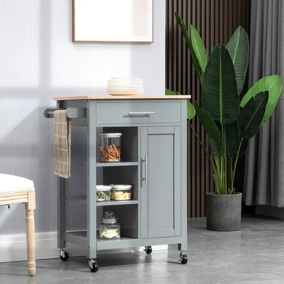 Demi Bonn 35" Kitchen Island Cart, Rolling Kitchen Island with Storage Shelf, Solid Wood Top, Drawer for Dining Room, Gray