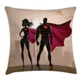 thumbnail image 1 of Superhero Throw Pillow Cushion Cover, Super Woman and Man Heroes in City Fighting Crime Hot Couple in Costume, Decorative Square Accent Pillow Case, 24 X 24 Inches, Beige Brown Magenta, by Ambesonne, 1 of 2