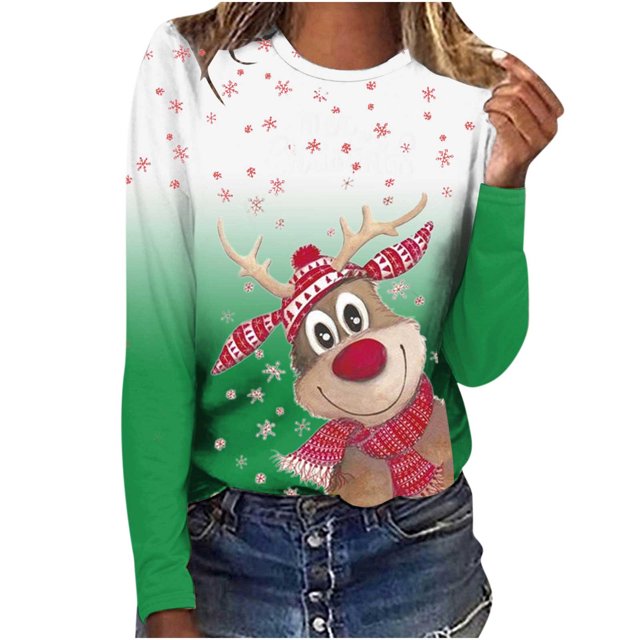 Camisas Navideñas Para Mujer Tops de Manga Larga Jersey de Cuello Redondo Informal Con Estampado de Ciervos en 3D Odeerbi ODB199753
