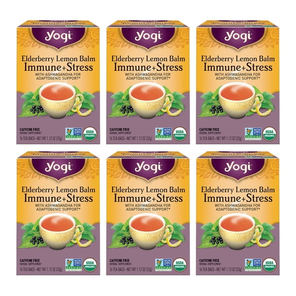 Yogi Tea - Elderberry Lemon Balm Immune and Stress Support (6 pack) - With Ashwagandha For Adaptogenic Support - Caffeine Free - 96 Herbal Tea Bags