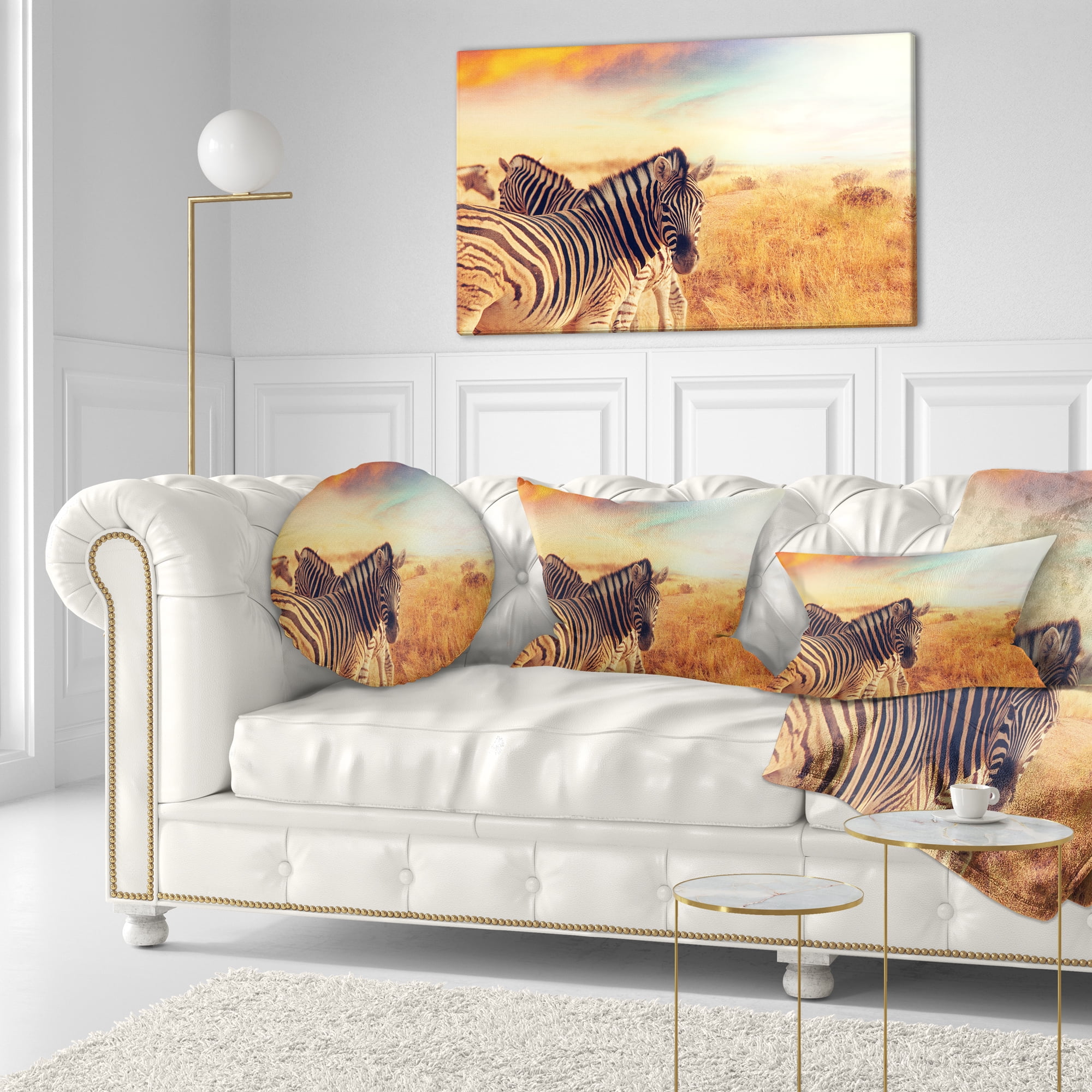 Designart Zebras Herd in Field At Sunset - African Throw Pillow - 12x20