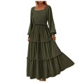thumbnail image 1 of Robes d'Été pour Femmes Jupe Plissée à Manches Longues Col Carré Décontracté à Pois Superposés Fluide Grande Taille Robe Verte TG, 1 of 4