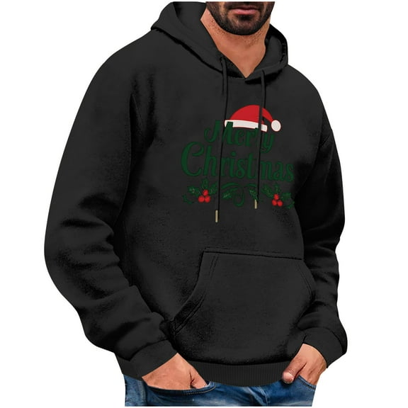 Riecok Hoodies for Men Christmas Long Sleeve Hooded Pullover Sweatshirts Tops Letter Print Baggy Casual Clothes Drawstring