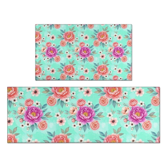 Pioneer Flower Floral Print Pattern Kitchen Rugs Sets Of 2, Anti Fatigue Non Slip Washable Floor Mats for Kitchen Sink Laundry, 17X30 Inch 17X47 Inch