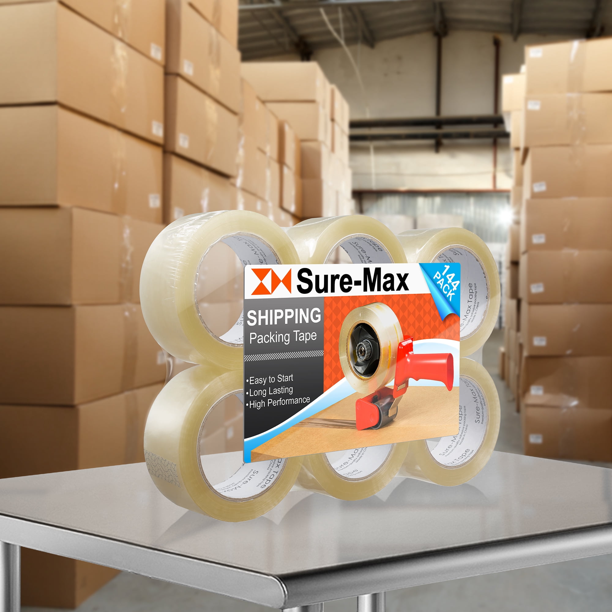 Sure-Max Premium Carton Packing Tape 1.8 mil 330 Feet (110 yards) - Clear - 4 cases (144 Rolls Total)