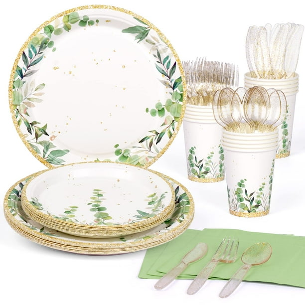 DECORLIFE Sage Green Paper Plates Serves 16, Baby Shower Plates and