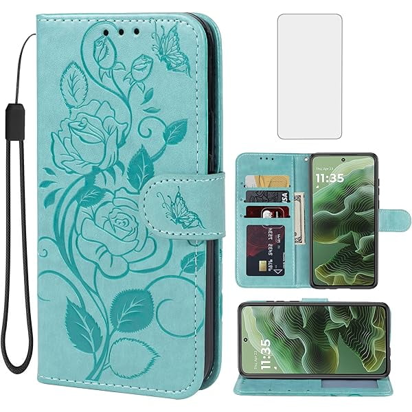wonima11 Case for Moto G35 Case, Motorola G35 5G Wallet Case with Tempered Glass Screen Protector, Flower Leather Flip Credit Card Holder Stand Phone Cover Cases for Motorola Moto G35 Green