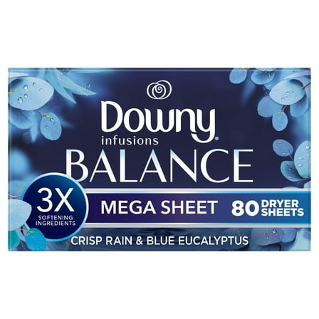 Downy Infusions Mega Dryer Sheets, Balance, Crisp Rain and Blue Eucalyptus, 80 Count