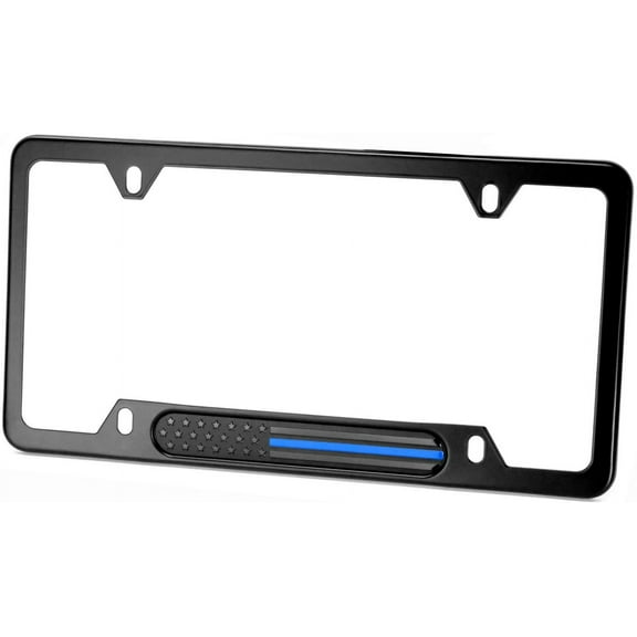 MULL Black Stainless Steel License Plate Frame (Black Flag with Thin Blue Line)
