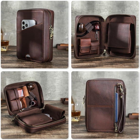 Top Grain Leather Travel Pipe Box Case Vintage Design Handmade Portable Large Capacity for 2 Tobacco Pipes Accessories Gift