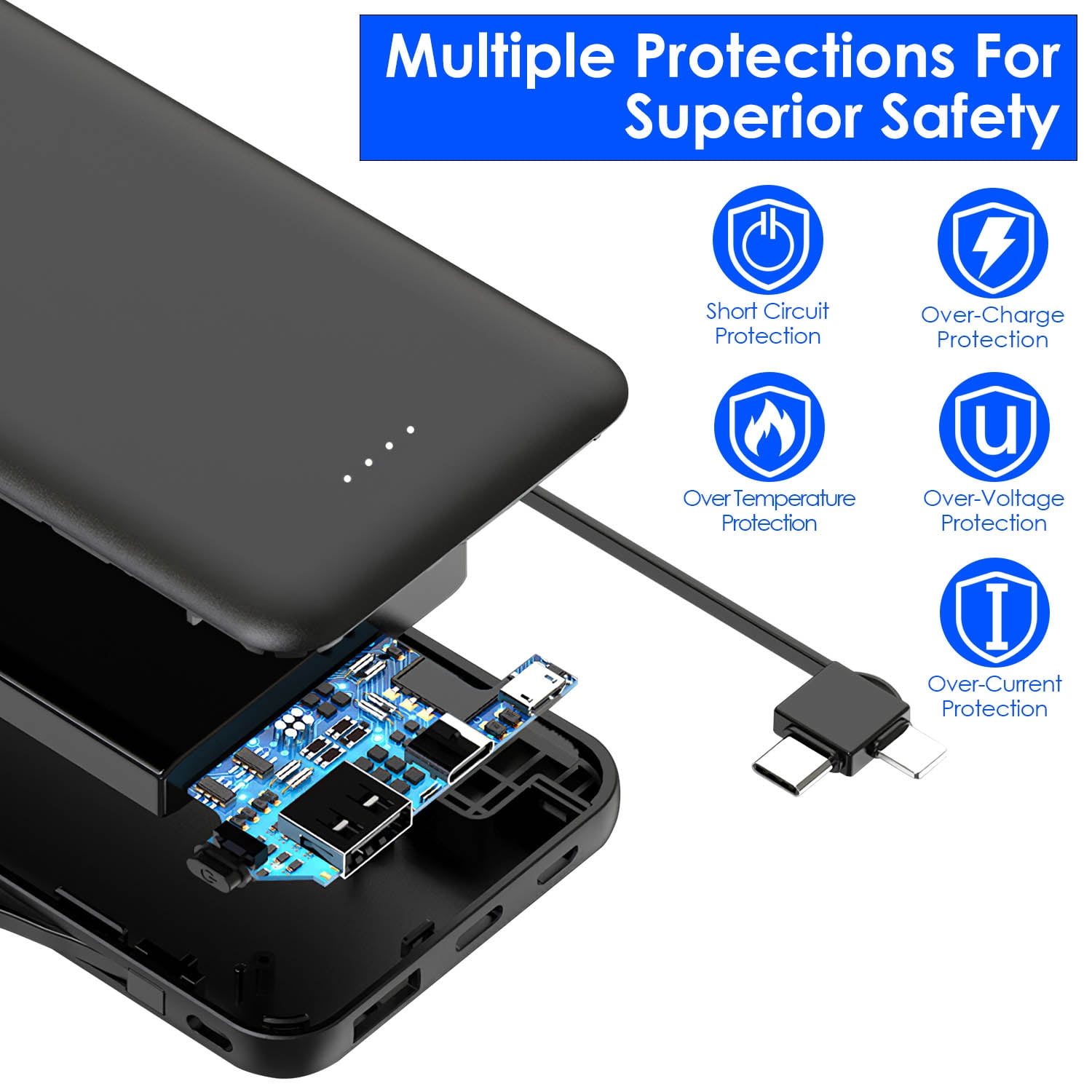 Portable 10000mAh Power Bank  External Battery Pack Phone Charger with LT Type-C Double-ended Cable Black