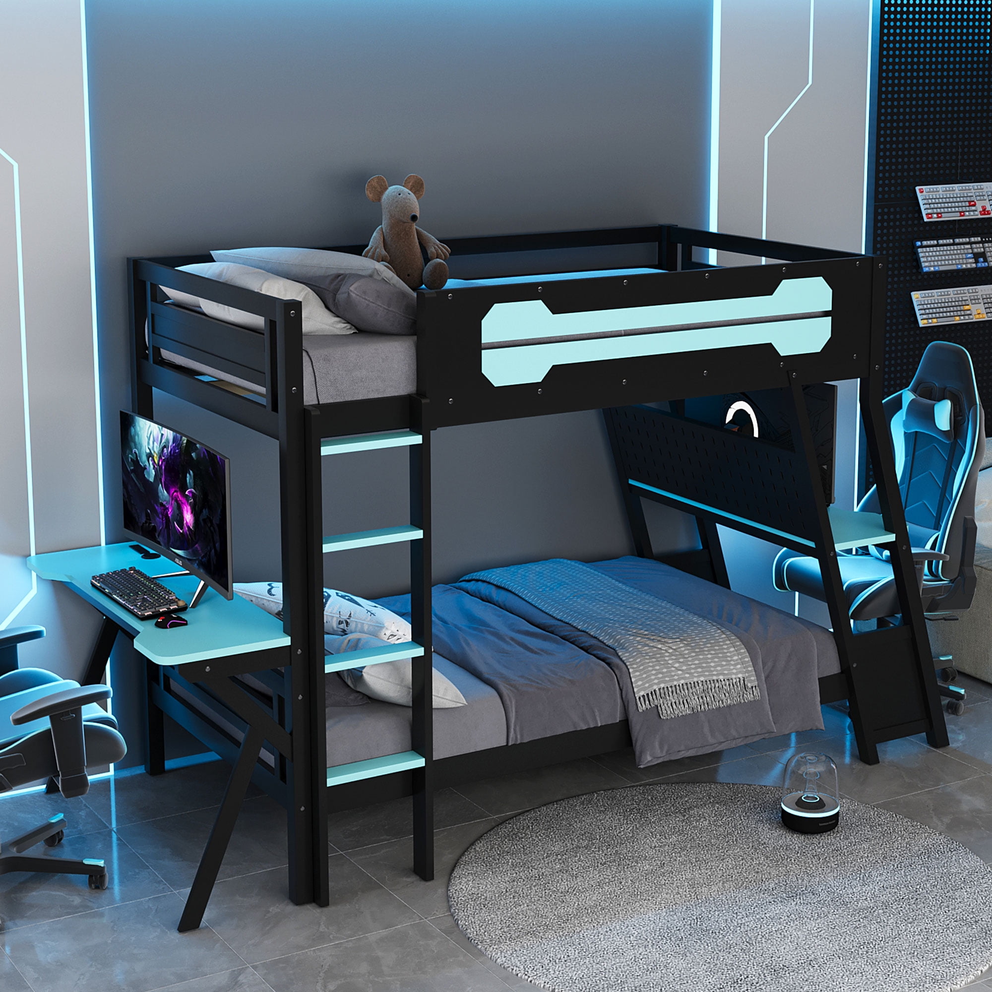 Aukfa Twin over Twin Bunk Bed with Built-In Desks, USB Charging Ports & Pegboard Organizer, Wood E-Sports Gaming Bed Frame for Kids/Teens, Blue