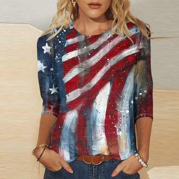 Cavosen Red White and Blue Clothes for Women Patriotic 3/4 Sleeve Crew Neck Tops American Flag Print T Shirts Lady XL Independence Day Casual Tops 4th of July Tunic Tees Patriotic Clothes