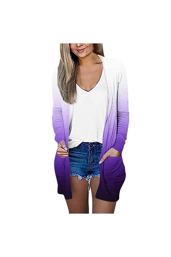 Lightweight Cardigans for Women Fall Trendy Thin Jacket Open Front Kimono Cardigan Cover Ups Tie Dye Printed Loose Fit Casual Outwear Top with Pockets Purple L