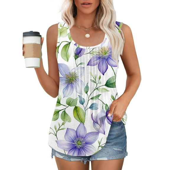 Fznquz Floral Tank Top Women Plus Size Dressy Tops Summer Pleated Work Women Clothing