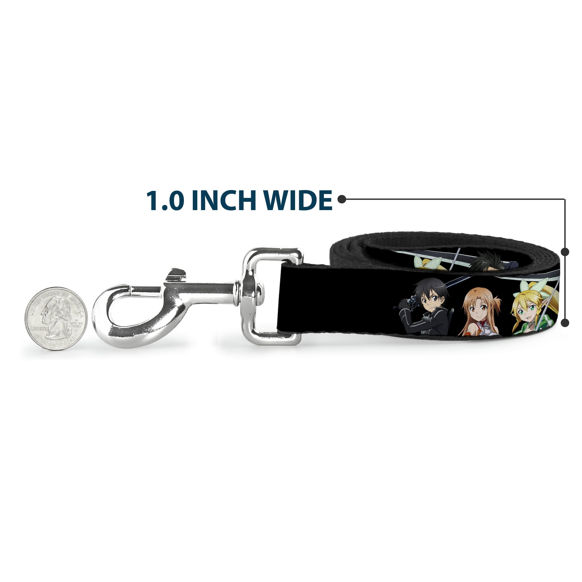 Sword Art Online Pet Leash, Dog Leash, Sword Art Online Four Character Swords Group and Logo Black, 6 Feet Long 1.0 Inch Wide