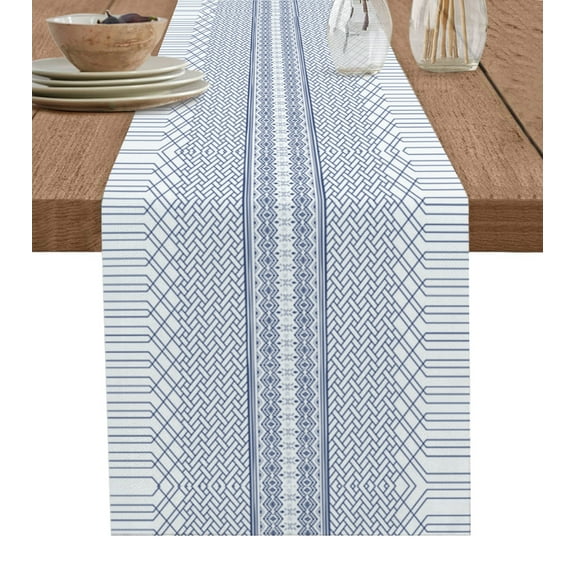 Table Runner Dresser Scarves 90 Inch Long, Modern Geometric Lines Stripe Art Linen Dining Table Runners Minimalist Blue Ombre on White Tabletop Scarf for Wedding Holiday Party Kitchen