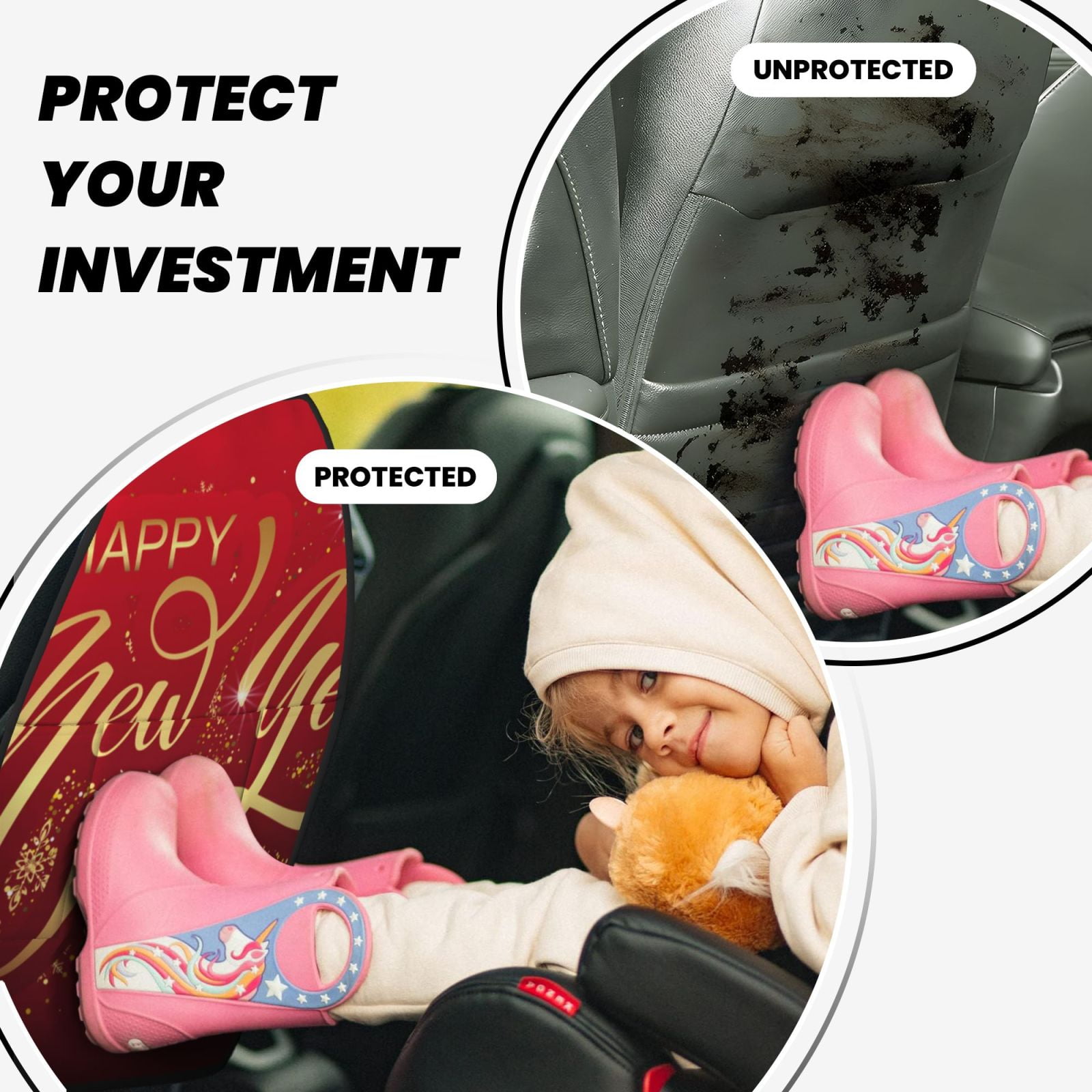 Xecao Happy New Year2 Pattern Car Seat Back Protector 2 Pack Large Capacity Pocket, Kick Mats Back Seat Protector