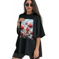 thumbnail image 3 of Plus Size Shirt for Women Black Tops for Women Short Sleeves Shirt for Women Red Roses Blue Sky2 T Shirt Crewneck Shirt for Women 2XL, 3 of 5