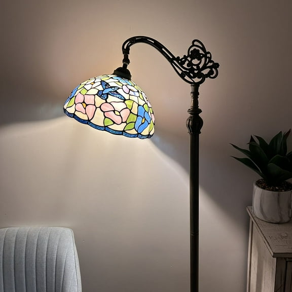 Enjoy Décor Lamps 63-Inch Tiffany 1-Light Hummingbird Flowers Bronze Gooseneck Adjustable Corner Standing Reading LED Floor Lamp with Stained Glass Bowl