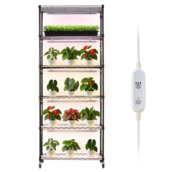VEVOR 71in Plant Shelf with Grow Light, 6 Tier Plant Stand, Plants Display Rack with Wheels & 4/9/14H Timer, 150W 3-Color Full Spectrum Grow Lights, Flower Pot Holder for Seed Starting
