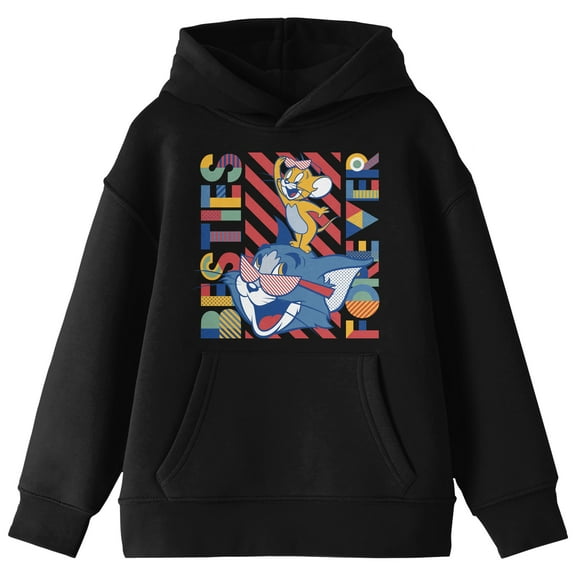 Tom & Jerry Besties Forever Long Sleeve Boys' Black Hooded Sweatshirt-Medium