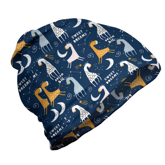 Childish Unisex Beanie, Giraffes Dream Big Message, Hiking Outdoors, Night Blue Orange and Rose, by Ambesonne