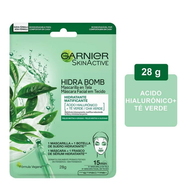 Mascarilla facial Garnier Skin Active en tela hidra bomb té verde hidratante matificante 1 pieza