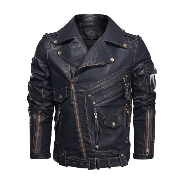 Chaqueta de cuero para hombre, talla europea, locomotora, Tough Guy, multibolsillos, Tough Guy, de piel sintética, con solapa, ropa de primavera y otoño