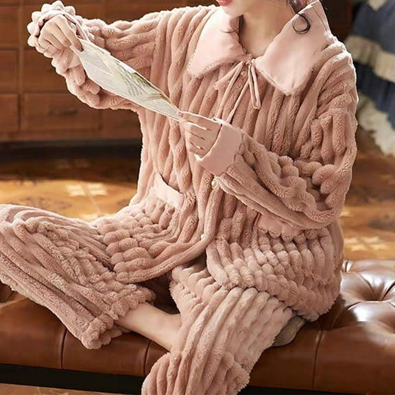 Frostluinai Womens Winter Plush Pajamas Sets Solid Warm Loungewear 2 Piece Lapel Button Cardigan Loose Pjs Pants Soft Fleece Sleepwear with Pocket