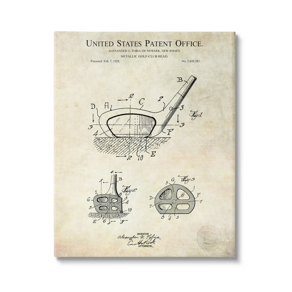 Stupell Industries Golf Club Head Detailed Design Blueprint Patent Canvas Wall Art, 24 x 30, Design by Karl Hronek