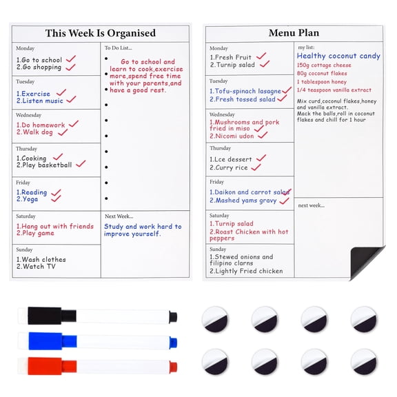 Marte Vanci 2Pcs Magnetic Dry Erase Whiteboard for Fridge, Menu & Weekly Planner with 8 Magnets, Planning Board for Home Office