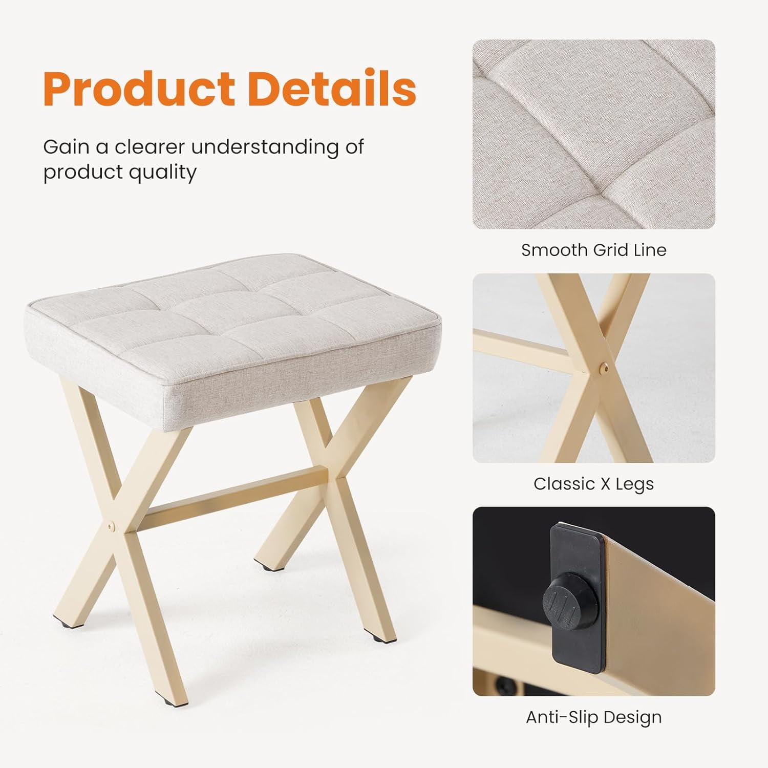 Linen Ottoman, 18" Makeup Vanity Stool, Small Square Padded Footrest for Bedroom, Living Room,Beige
