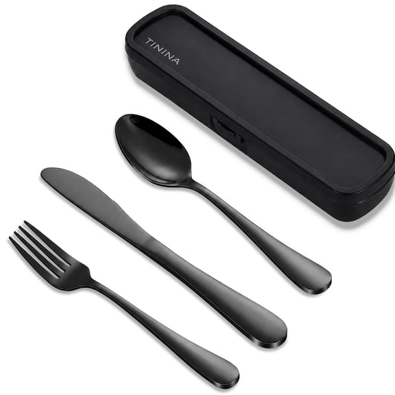 Travel Utensils with Case, 4-Piece Stainless Steel Portable Cutlery Set, Reinforced Buckle Design, Lunch Box for Picnic, Camping, Work, Travel, Include Fork Spoon Knife, Dishwasher Safe, Black