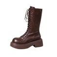 thumbnail image 2 of WAVSUF Women's Combat Mid Calf Boots Arch Support Anti Slip Soft Sole Winter Tall Boots Brown 9, 2 of 8