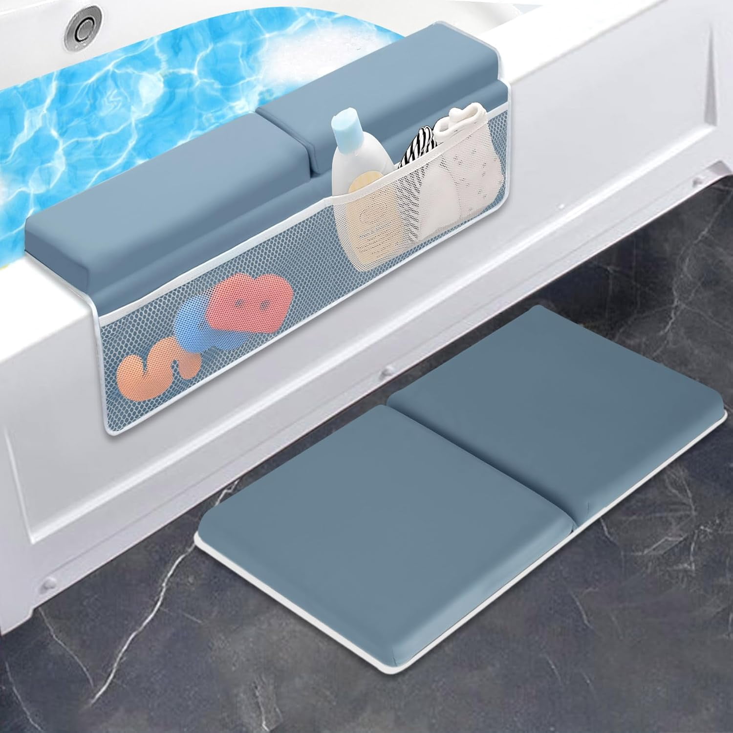 Bath Kneeler with Elbow Rest Pad Set, 1.5 inch Kneeling Pad Mat for Bathtub Baby Bathing Parents, Painless Foam Mat with Toy Organizer Pockets, Non-Slip for Baby and Toddler Bathing