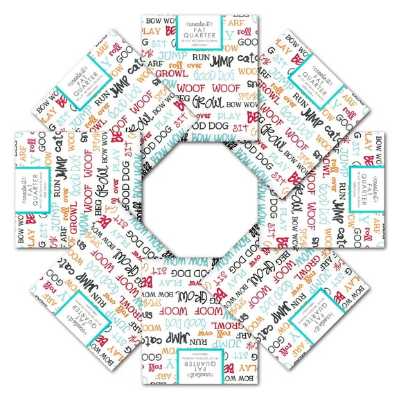 Fabric Editions Create It 18"x21" Cotton Dog Words White Precut Sewing & Craft Fabric, 10 Pieces