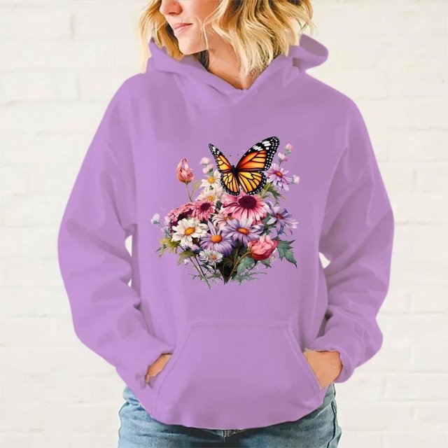Sudadera con capucha y estampado de mariposas y flores populares de otoño e invierno para mujer, abrigo de moda, ropa de talla grande